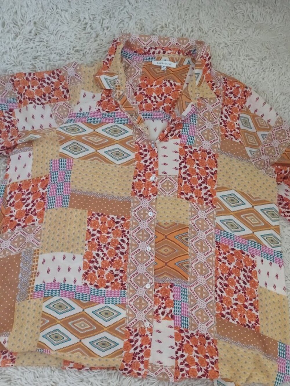 Rose + Olive Blouse Womens 2X Patchwork Boho Western Floral Tunic 3/4 Sleeve